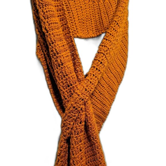 Handmade crocheted scarf, burnt orange color, with opening to secure scarf, 93" - Picture 4 of 8